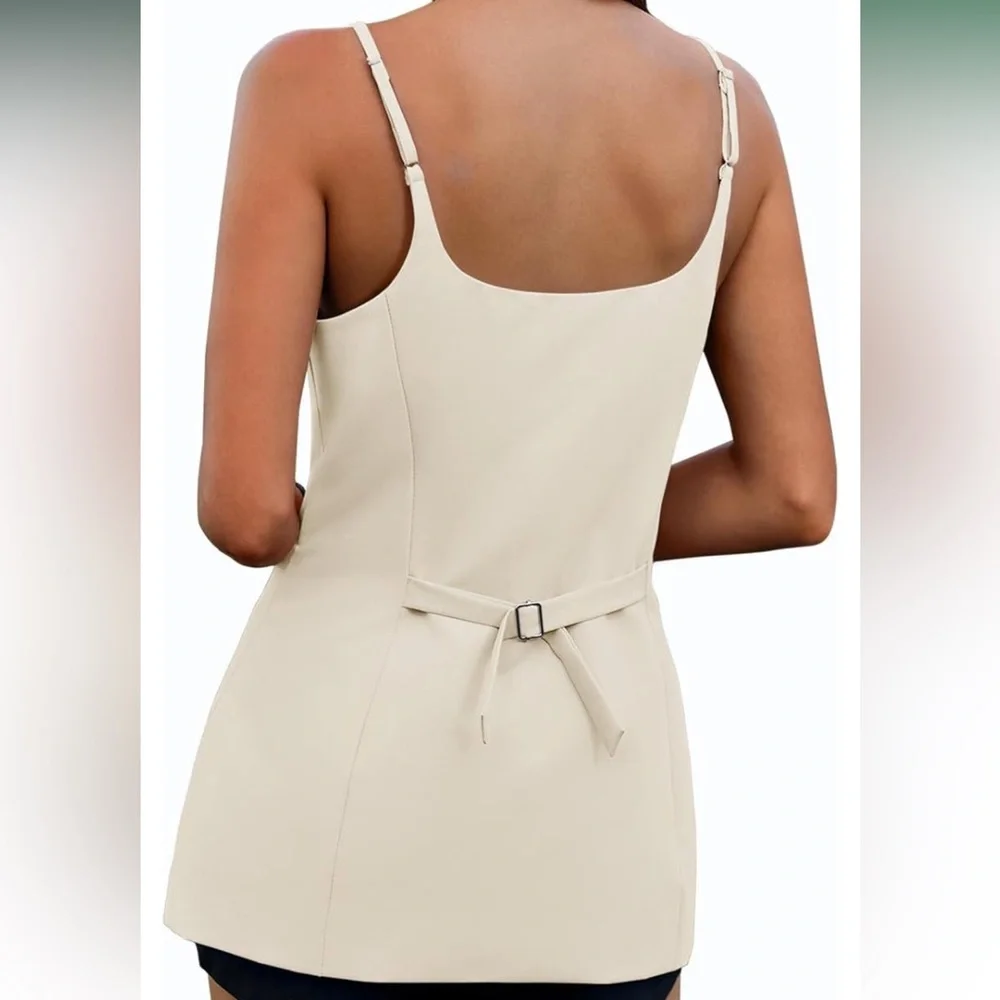 Womens Spaghetti Strap Tank Top Summer Blazer Vest Button Down - Picture 2 of 4